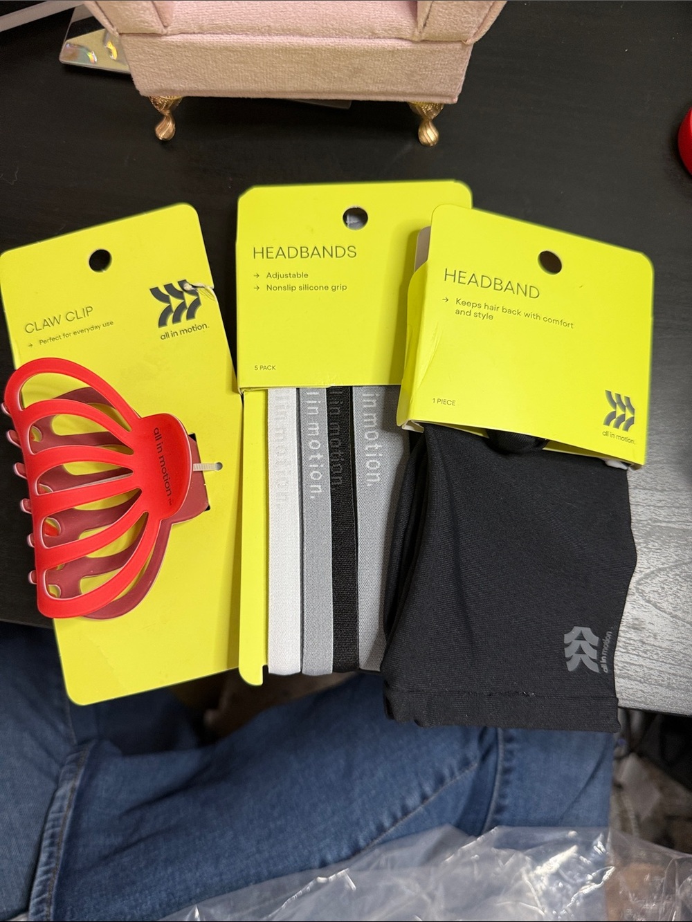 all in motion Black Headband & Red Claw Clip with Black/Gray/White Headband Pack